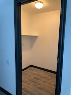 Doorway into a fitted closet with a single shelf